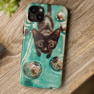 Black Cat Phone Case, Realistic Swimming Kitten Pool Whiskers Cell iPhone Samsung Cover Unique Gift Animal Gothic Pet Quirky Weirdcore