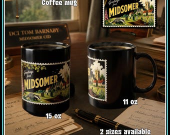 Greetings from Midsomer Retro Postcard Mug British Crime Drama Murder Mystery Tea John Nettles Badgers Drift UK Stamp Retro Coffee Cup