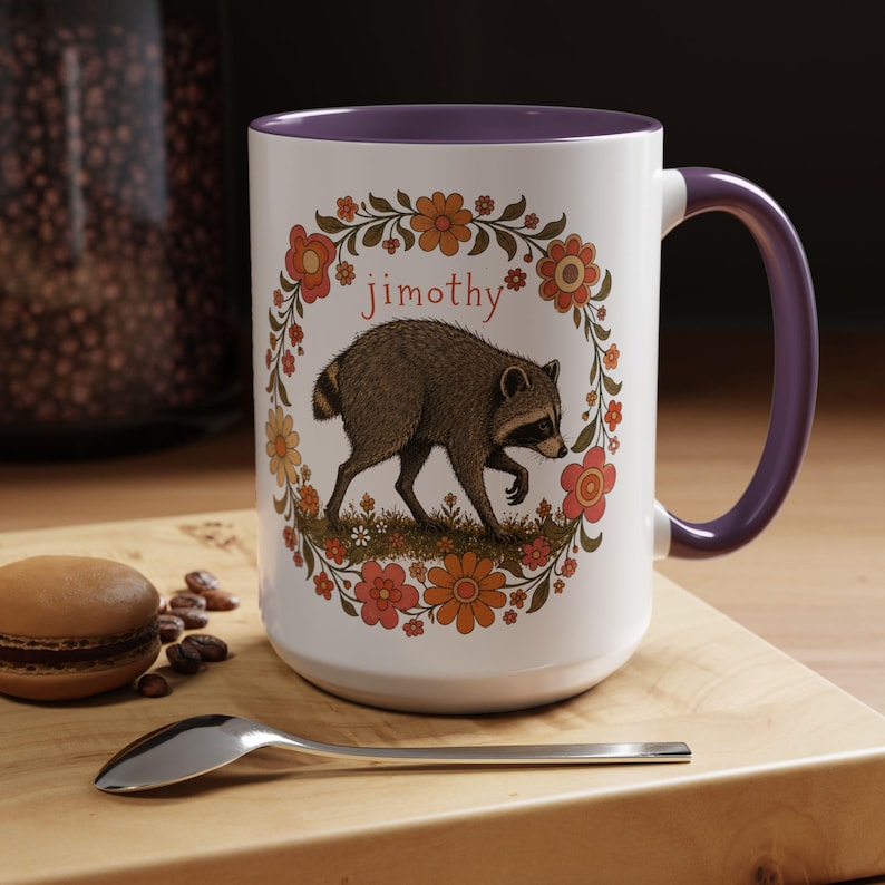 Jimothy the Raccoon Accent Mug Retro Cottagecore Raccoon Coffee Mug Cute Woodland Mug Funny Raccoon Gift Vintage Floral Mug 11oz & 15oz