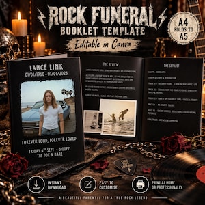 Puede incluir: Una plantilla de folleto funerario negro con el texto ROCK FUNERAL BOOKLET TEMPLATE, que incluye una foto de una persona junto a un coche, una lista de canciones y el texto LANCE LINK 01/01/1960 - 01/01/2026. El diseño incluye espacio para fotos.