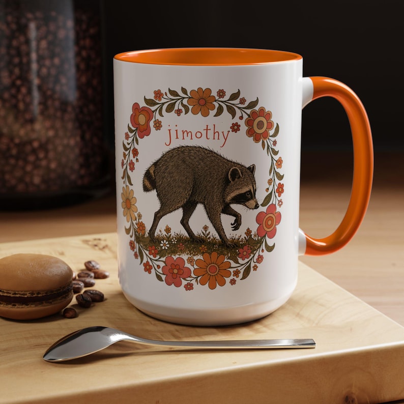 Jimothy the Raccoon Accent Mug Retro Cottagecore Raccoon Coffee Mug Cute Woodland Mug Funny Raccoon Gift Vintage Floral Mug 11oz & 15oz