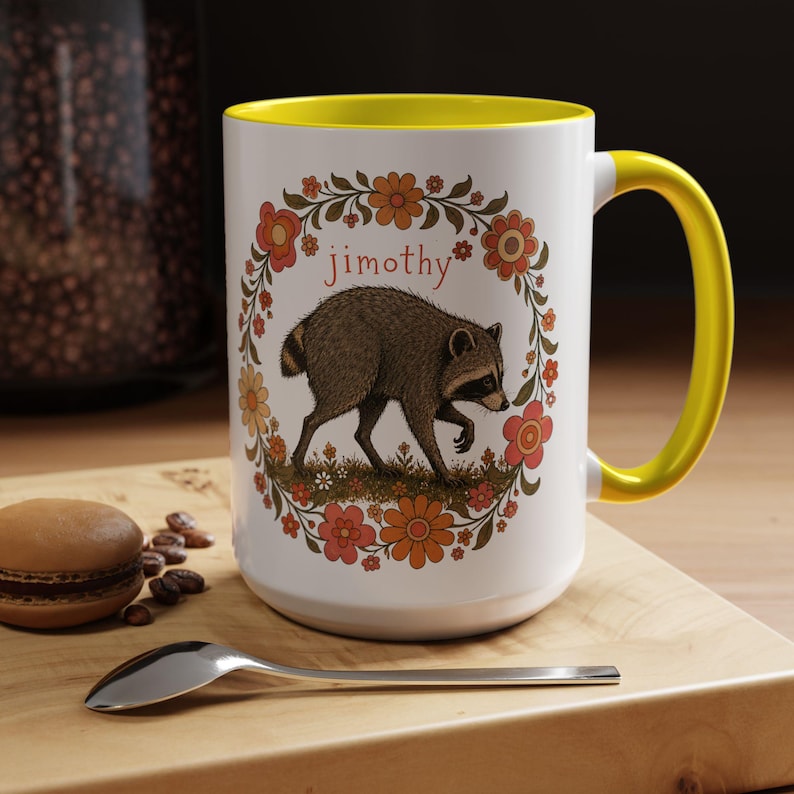 Jimothy the Raccoon Accent Mug Retro Cottagecore Raccoon Coffee Mug Cute Woodland Mug Funny Raccoon Gift Vintage Floral Mug 11oz & 15oz
