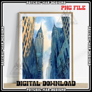New York City Watercolor Art PNG Digital Download Wall Art Poster Cityscape NYC Sky Watercolour Painting Inspired Architecture Buildings