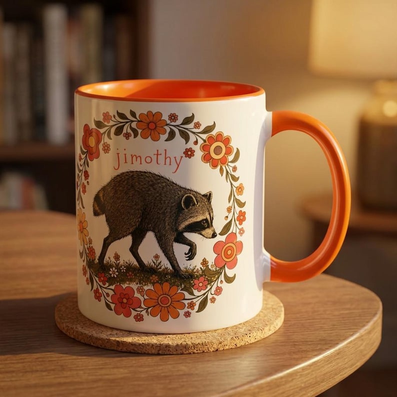 Jimothy the Raccoon Accent Mug Retro Cottagecore Raccoon Coffee Mug Cute Woodland Mug Funny Raccoon Gift Vintage Floral Mug 11oz & 15oz