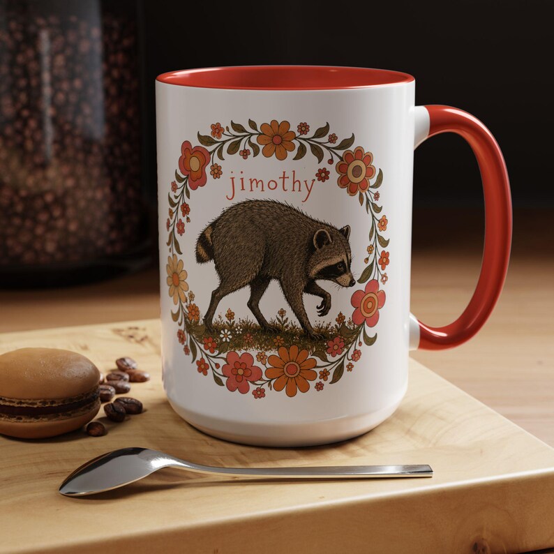 Jimothy the Raccoon Accent Mug Retro Cottagecore Raccoon Coffee Mug Cute Woodland Mug Funny Raccoon Gift Vintage Floral Mug 11oz & 15oz