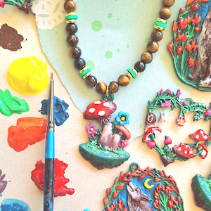 Cottagecore Mushroom Pendant Choker Necklace,Tiger Eye Beaded Fairycore Necklace,Handpainted Nature Jewelry,Magical Forest Choker Necklace.
