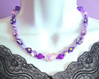 Collana girocollo kawaii cyberpunk neon viola. Gioielli candycore. Gioielli rave. Collana harajuku. Girocollo y2k. Girocollo con perline punk pastello anni '90.