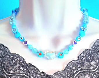 Collana girocollo cyberpunk blu neon, kawaii. Gioielli Harajuku. Gioielli rave. Collana Harajuku. Grazioso girocollo Y2k. Girocollo con perline punk pastello anni '90.