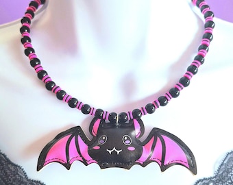 Kawaii vleermuis ketting-handgemaakt roze en zwart pastel Goth choker-Harajuku sieraden-Y2k Goth sieraden-Alt schattige anime vleermuis speelgoed-Halloween vleermuis choker