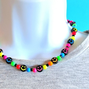 Neon Punk Smiley Face Choker,Y2k Ravecore Necklace,Neon Cyberpunk  Jewelry,Kidcore,Kawaii Rainbow Jewellery,90s Rave Aesthetic,Rave Gift