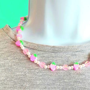 Pink Kawaii Strawberry Handmade Choker Necklace,Stainless Steel, Sweet Lolita Jewellery,Y2K.Sweet Gyaru,Soft Girl Jewelry,Pastel Aesthetic.