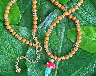 Mushroom Charm Jasper Beaded Necklace,Forestcore fairycore Boho Jewelry,Mushroomcore Aesthetic,Cottagecore Necklace,Boho Style Jewellery.