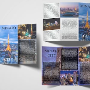 May include: A brochure featuring images of Minato City, Japan, with the text "MINATO CITY" in large letters. The brochure displays photographs of cityscapes, including the Tokyo Tower and other illuminated buildings at night. The brochure is tri-fold.