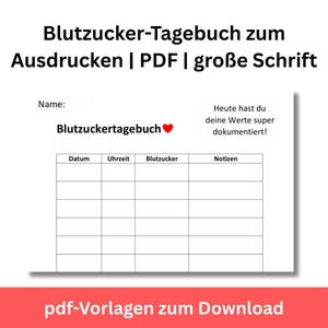 Puede incluir: Un registro de azúcar en sangre imprimible con un corazón rojo y el texto "Blutzuckertagebuch" en alemán. El registro tiene columnas para la fecha, la hora, el nivel de azúcar en sangre y las notas.