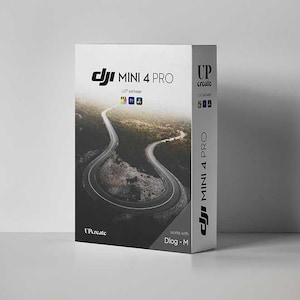 May include: A white box with a black and white image of a winding road through a forest. The box is labelled "DJI Mini 4 Pro LUT package" and "UPcreate".