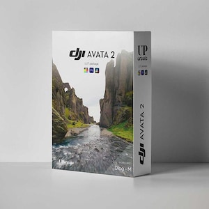 以下が含まれることがあります： DJI Avata 2 LUTパッケージ用の箱で、峡谷を流れる川の写真が印刷されています。箱は白で、黒い文字とロゴがあります。箱の文字は「DJI Avata 2 LUT package」と「UPcreate」です。