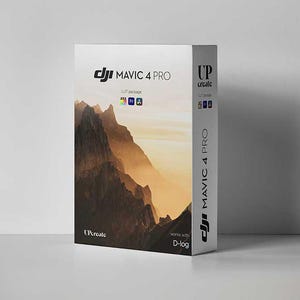 May include: A white box for DJI Mavic 4 Pro, featuring the "UP create" logo and product details. The box displays a landscape image of mountains in shades of brown and yellow. The text "Works with D-log" is also visible.