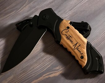 Navaja de bolsillo con mango de madera grabado personalizado, regalo para él