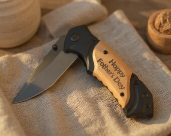 Navaja navideña de bolsillo – Navaja con mango de madera personalizado, regalo grabado a medida para él