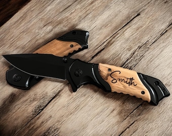 Navaja de bolsillo con mango de madera grabado a mano, regalo personalizado para él