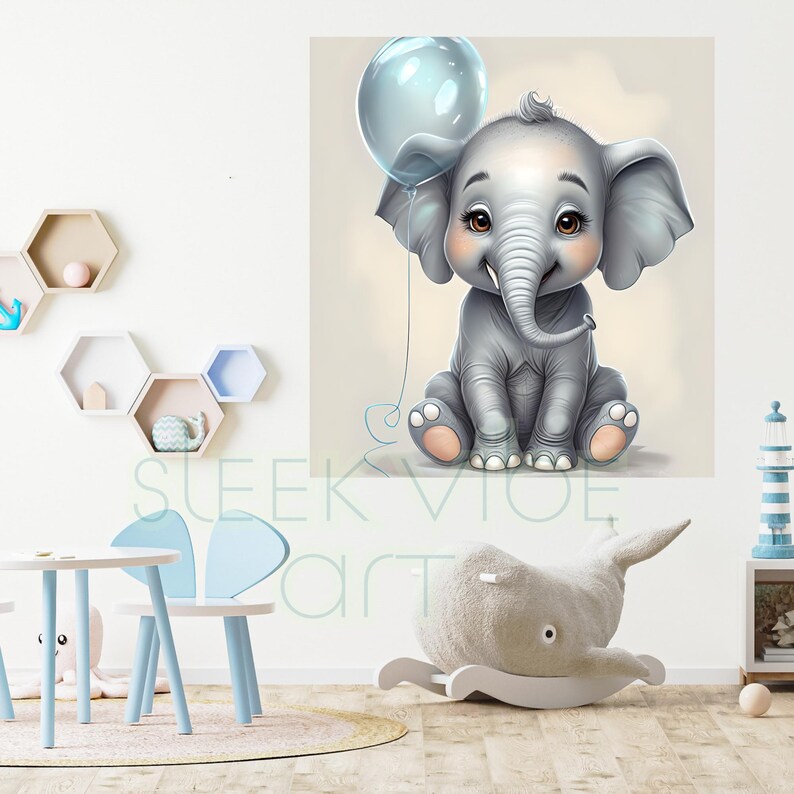 Baby Elephant Nursery Wall Art – Watercolor Balloon Animal Print ...