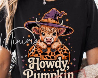 Divertido PNG de calabaza "Hola", sombrero de bruja de vaca de las Tierras Altas de otoño por sublimación, PNG retro de Halloween