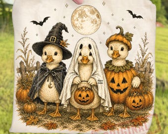 Retro Pumpkin Halloween Ghost Goose PNG, Vintage Witch Duck Sublimation, Cute Spooky Duckling Fall Clipart