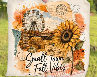 Retro Country Fair Small Town Fall Vibes PNG, Rustic Fall Festival Sublimation, Autumn Fairground Ferris Wheel Sunflower Pumpkin Design