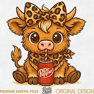 May include: A digital illustration of a cartoon calf with large eyes, wearing a leopard print bow, bandana, and drinking from a Dr. Pepper can. The calf is brown with a pink nose and is sitting down. The words "Rustic Charm" and "Original Design" are at the bottom.