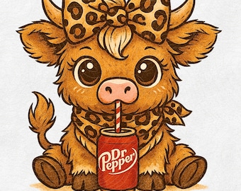 Rustic Charm Highland Cow Dr Pepper PNG, Cute Leopard Print Baby Cow Sublimation, Retro Cowgirl Soda Shirt Design, Western Farm Animal