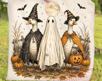 Retro Spooky Ghost Geese Halloween PNG, Rustic Witch Goose Pumpkin Sublimation, Vintage Farmhouse Clipart