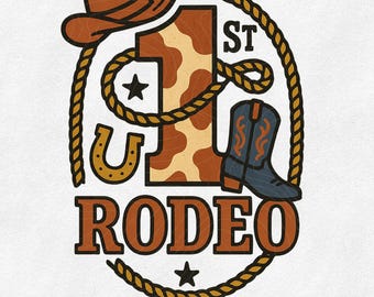 Western 1st Rodeo PNG, sublimazione di compleanno western, stivali da cowboy, cappello, lazo, clipart, design digitale del primo rodeo per maglietta per bambini piccoli