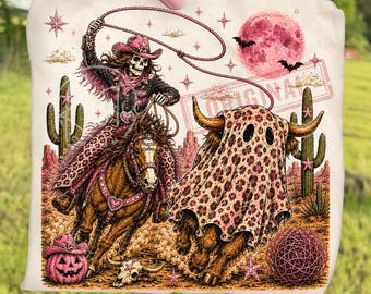 Retro Western Skeleton Cowboy Riding Ghost Bull Halloween PNG, Rustic Spooky Longhorn Sublimation, Country Rodeo Halloween Digital Download