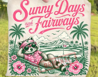 Retro Pink RaccoonGolf Girl Bag Sunny Days and Fairways PNG Bundle, Tropical Golf Lover Sublimation, Summer Golf Vacation Digital Download