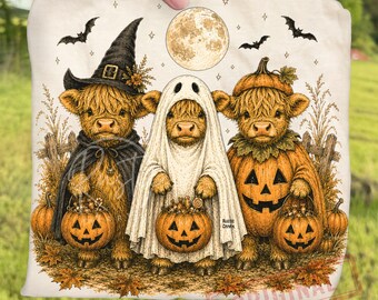 Retro Spooky Highland Cow Pumpkin Halloween PNG, Rustic Ghost Witch Cow Sublimation, Vintage Farmhouse Clipart