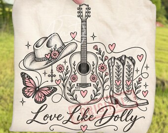 Retro Floral Western Cowgirl Country Music Love Like Dolly PNG Bundle, Vintage Cowboy Hat Boots Guitar Sublimation, Rustic Butterfly Clipart