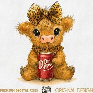 May include: A watercolor illustration of a cute, fluffy cow calf with a leopard print bow, scarf, and a Dr. Pepper can. The calf is sitting and drinking from the can with a straw. The image has a rustic charm.