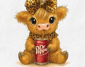 Highland Cow Dr Pepper PNG, Cute Highland Calf with Soda Sublimation, Leopard Bow Cowgirl Clipart, Western Farm Animal Digital Download