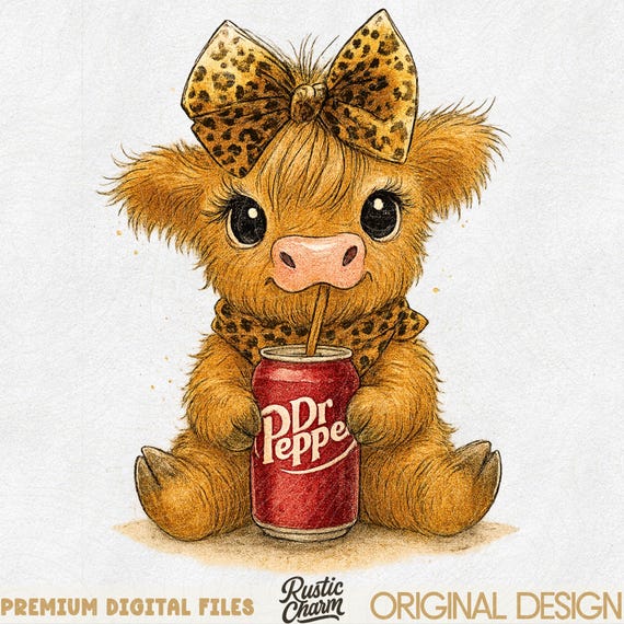 Highland Cow Dr Pepper PNG, Cute Highland Calf with Soda Sublimation, Leopard Bow Cowgirl Clipart, Western Farm Animal Digital Download