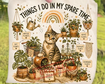 Retro Crazy Plant Lady Cat Things I Do in My Spare Time Cat PNG Bundle, Botanical Plant Lover Sublimation, Houseplant Mom Digital Download