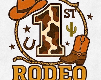 Rustik min första rodeo cowboyfödelsedag PNG, västerländsk första cowpoke-födelsedagströja, ko-tryck nummer ett gårdsbabyfest sublimering