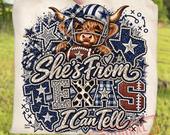 Retro Texas Highland Cow Football Bling PNG Bundle, She’s From Texas Western Game Day Sublimation, Rustic Cowgirl Football Mom Clipart