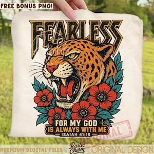 Retro Fearless Christian Rock Band Vintage 80s PNG , Isaiah 41:10 Leopard Graphic, Faith Religious Sublimation , Bold Bible Verse Shirt