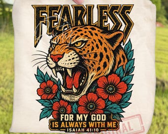 Banda de rock cristiano retro sin miedo, estilo vintage de los 80, PNG, gráfico de leopardo de Isaías 41:10, sublimación religiosa de fe, camiseta con versículo bíblico llamativo
