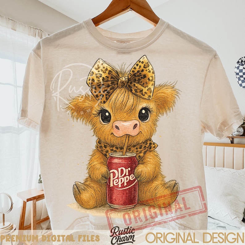 May include: Cream-colored t-shirt featuring a cartoon cow with a leopard print bow, scarf, and a Dr. Pepper can. The cow is light brown with large eyes and a pink nose. The shirt has the words "Rustic Charm" and "Original Design" printed on it.