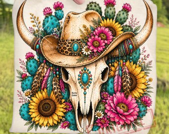 Retro Southwestern Western Turquoise Cow Skull PNG Bundle, Leopard Cowgirl Longhorn Floral Sublimation, Boho Cactus Sunflower Design