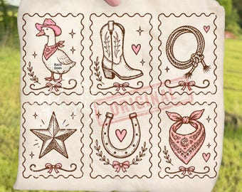 Retro Pink Cowgirl Coquette Western Stamp PNG, Rustic Aesthetic Rodeo Southern Girl Sublimation, Cowboy Boots Hat Horseshoe Girly Clipart