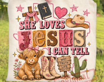 Retro Western Christian Cowgirl She Loves Jesus PNG, Country Jesus Highland Cow Faith Sublimation, Rustic Religious Bible Verse Clipart