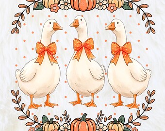 Fall Vintage Goose PNG, Floral Pumpkin Wreath Digital Download, Coquette Autumn Farm Animal Sublimation