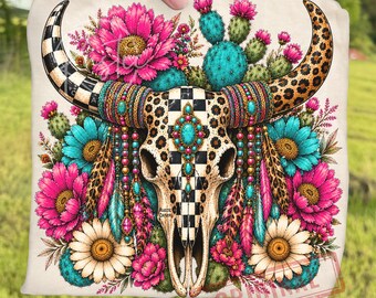 Boho Western Turquoise Cactus Floral Cow Skull PNG Bundle, Leopard Cowgirl Sublimation, Checkerboard Southwestern Desert Design